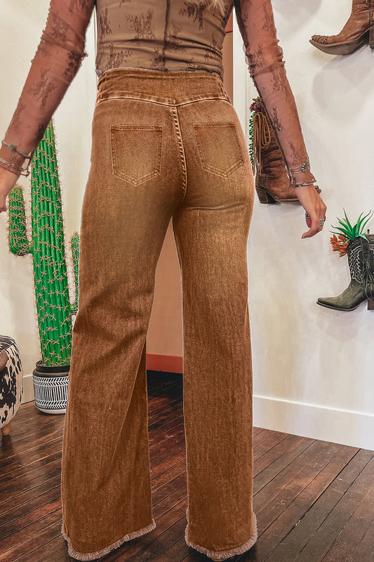 High Waist Button Fly Raw Hem Jeans