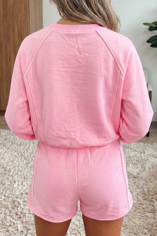Pink Piping-Trim Pullover & Shorts Set