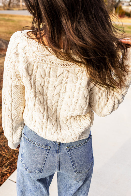 Beige Cable Knit Round-Neck Sweater