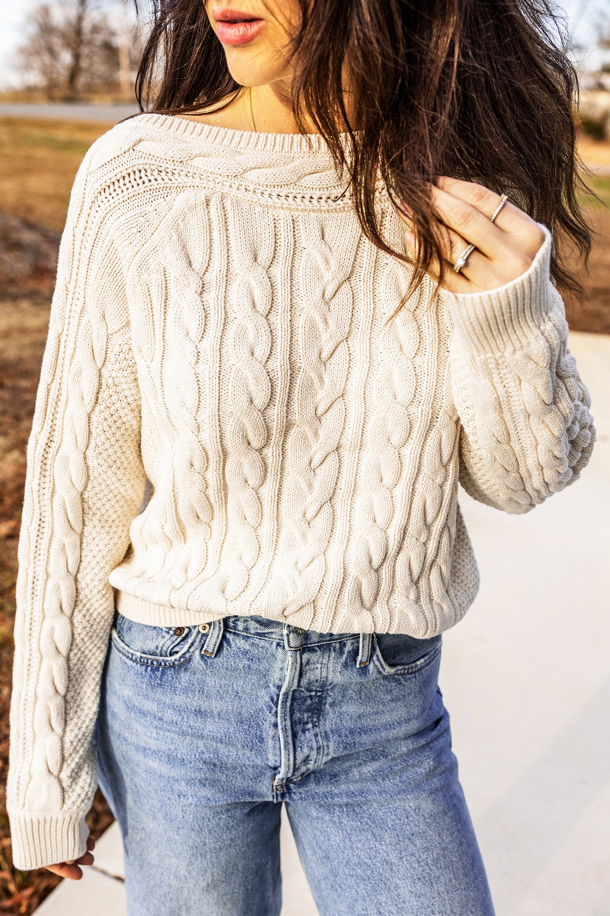 Beige Cable Knit Round-Neck Sweater