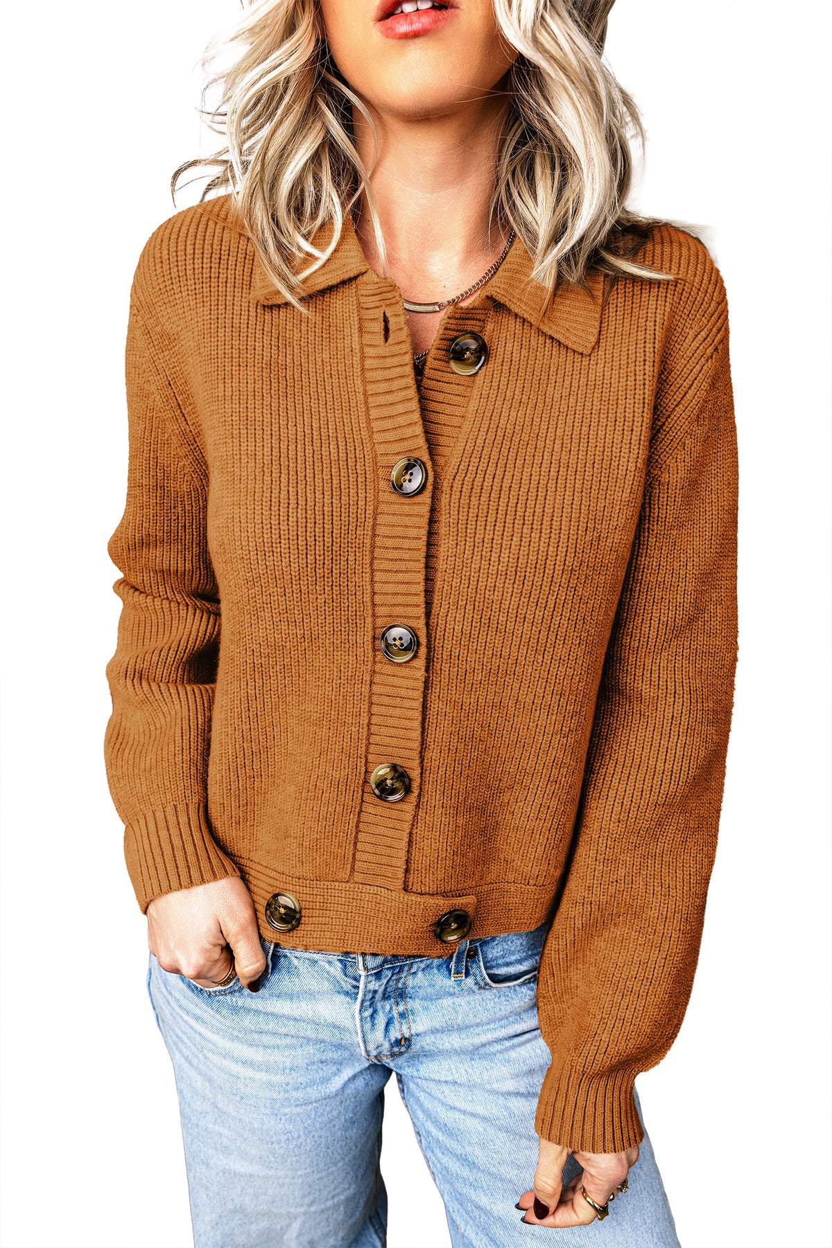 Mustard Ribbed Knit Collared Cardigan
