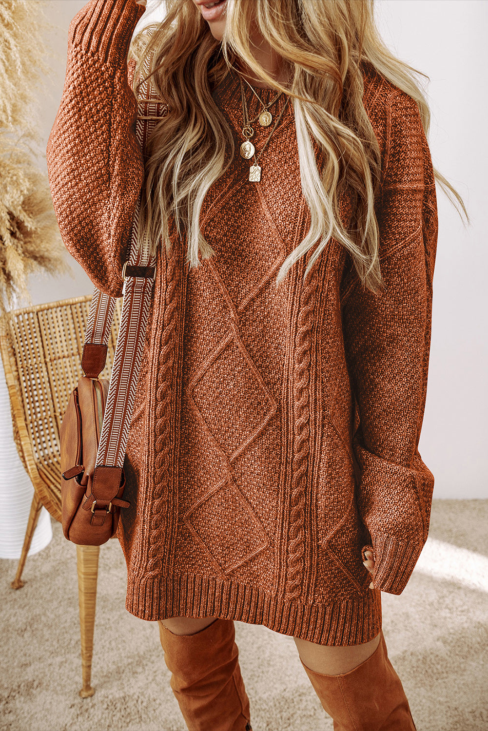 Cable Knit Drop-Shoulder Sweater Dress