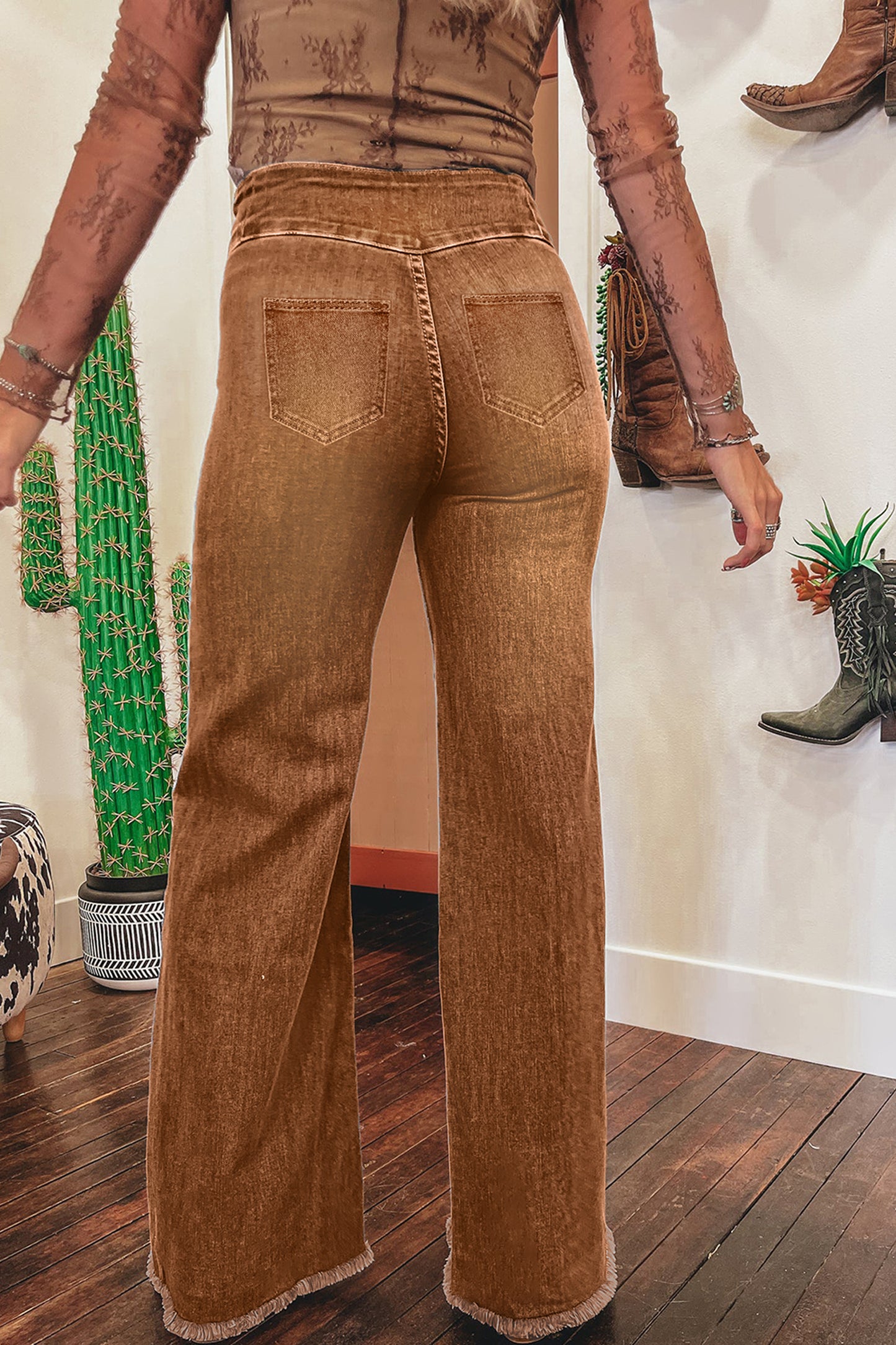 High Waist Button Fly Raw Hem  Jeans