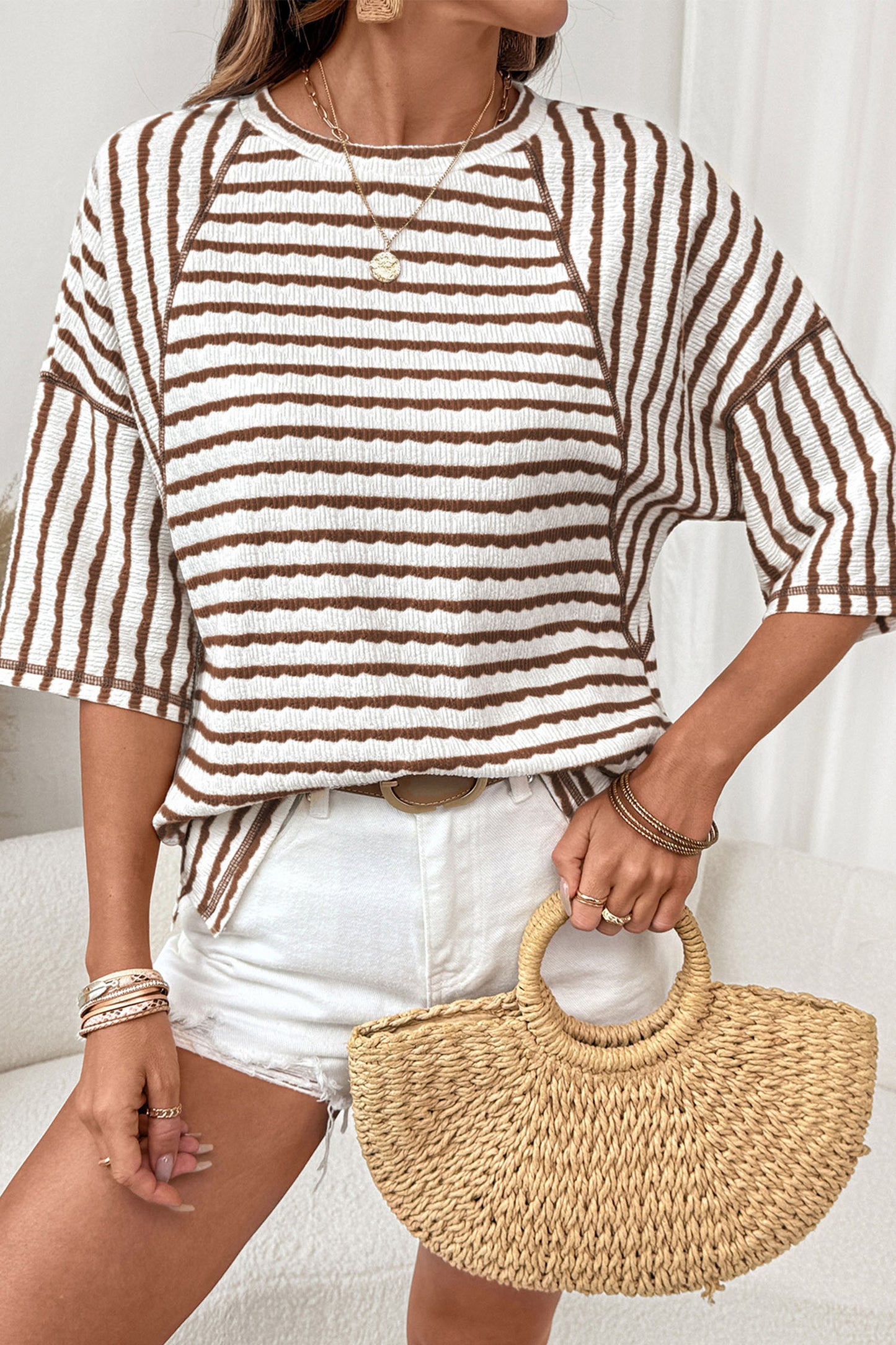 Brown Stripe Textured Knit Split Hem Top