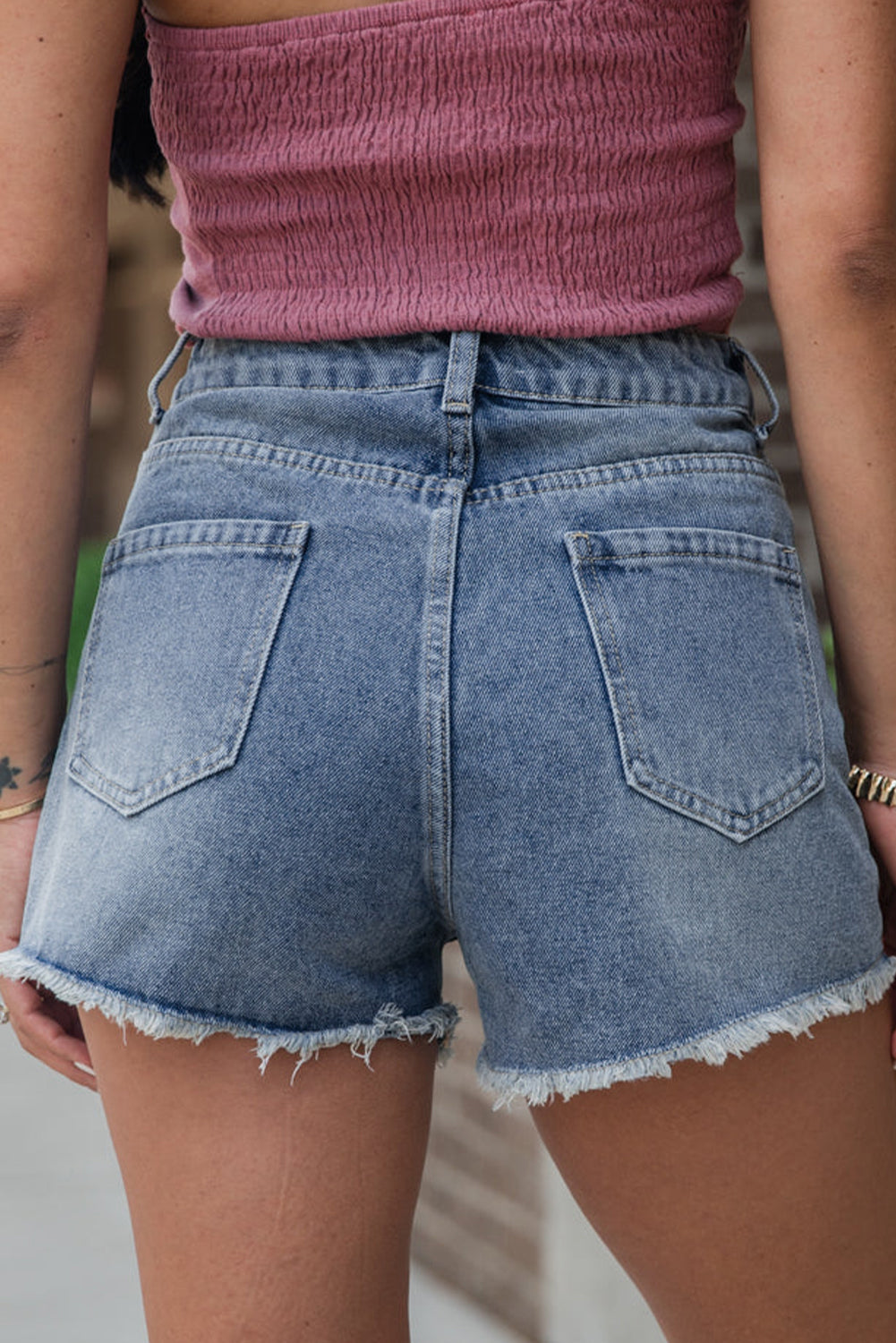 Pearl Embellished Raw Hem Denim Shorts