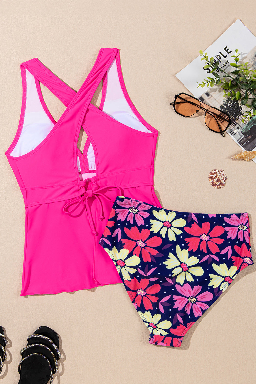 Floral V-Neck Crisscross Tankini Set