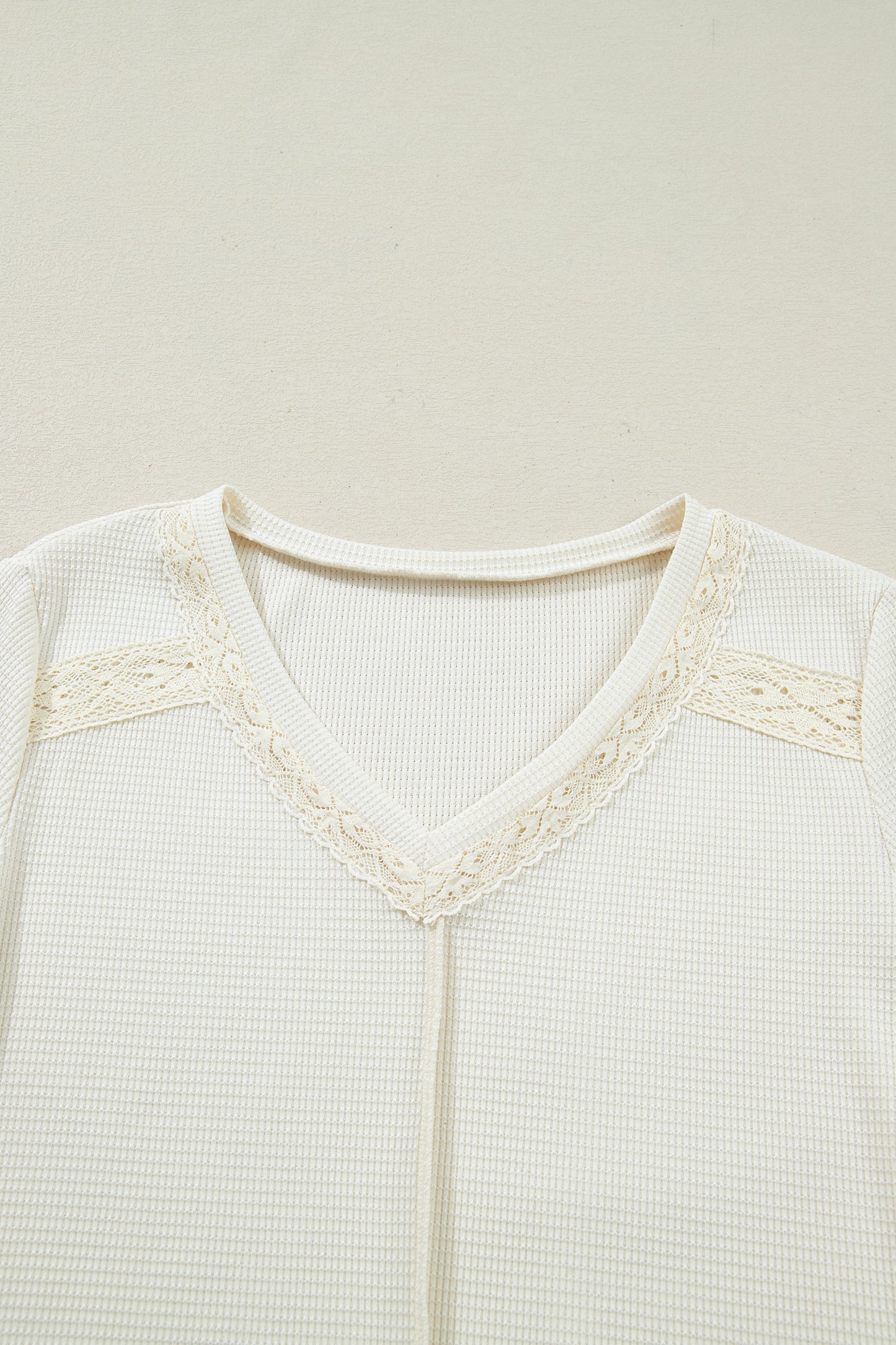 Beige V-Neck Lace Detail Long Sleeve Top