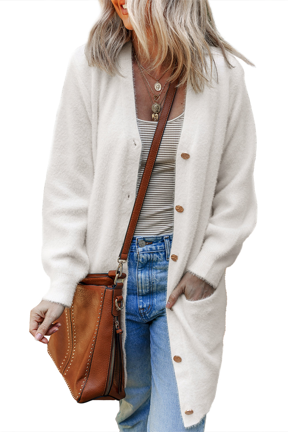 White Fuzzy Button-Front Midi Cardigan