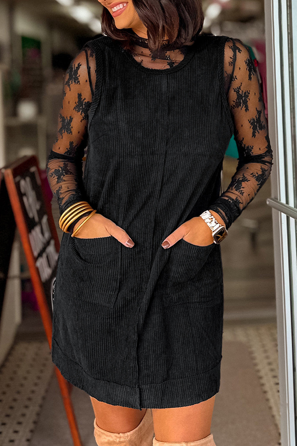 Black Exposed Seam Corduroy Mini Dress