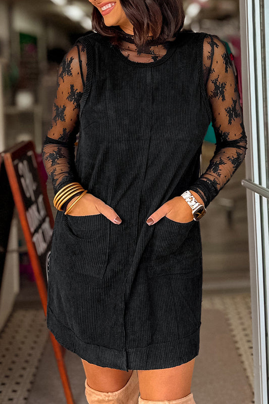 Black Exposed Seam Corduroy Mini Dress