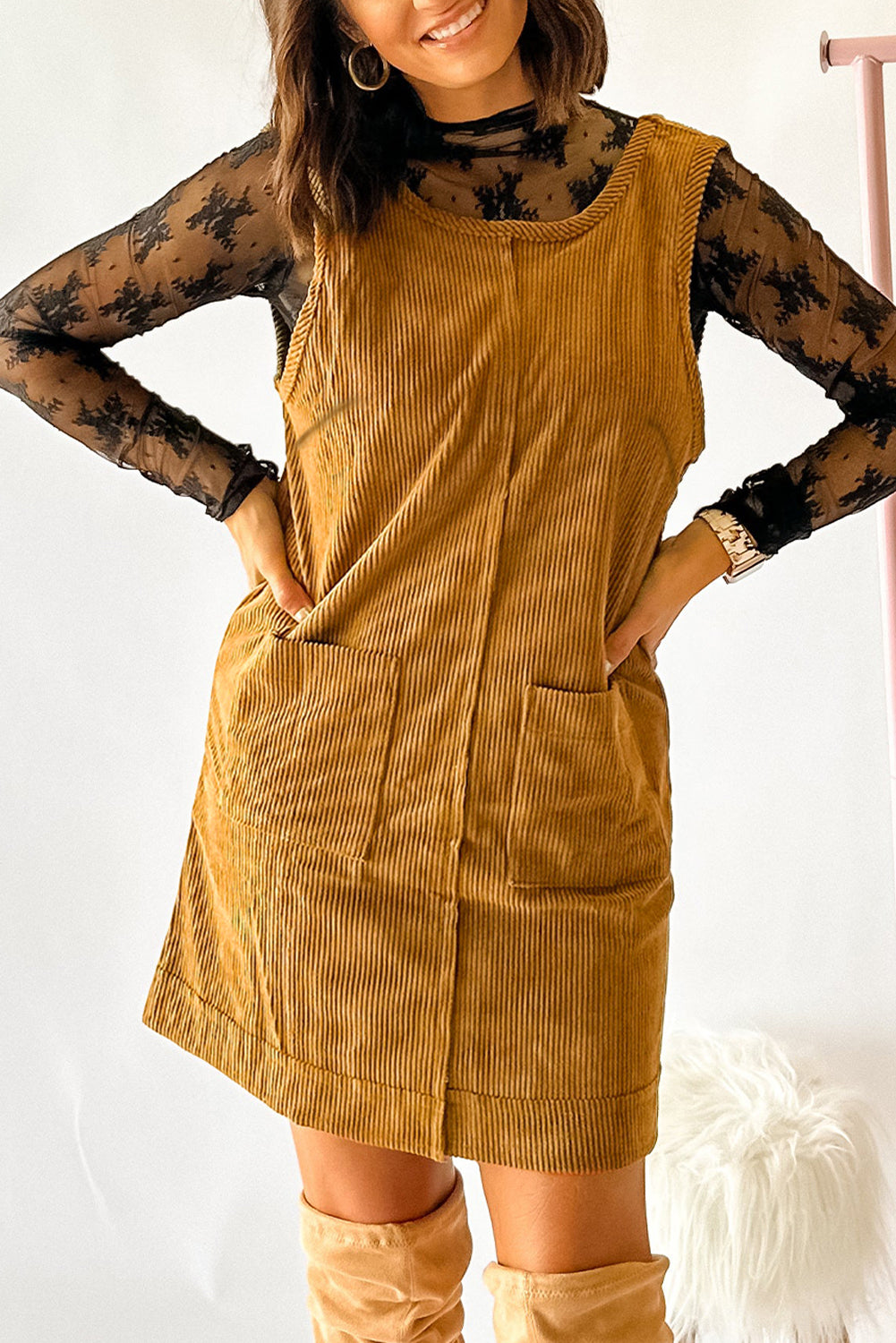 Black Exposed Seam Corduroy Mini Dress