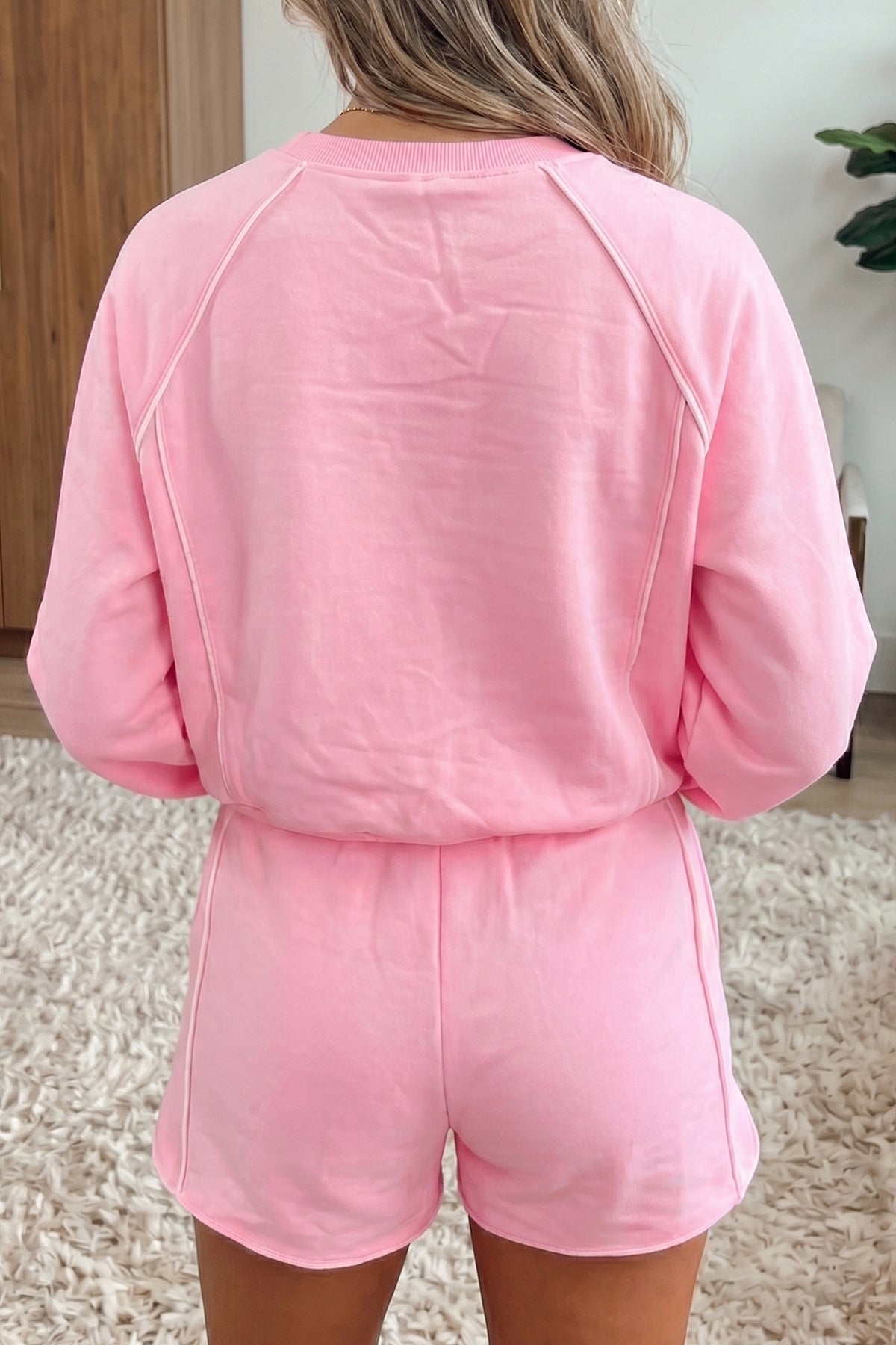 Pink Piping-Trim Pullover & Shorts Set