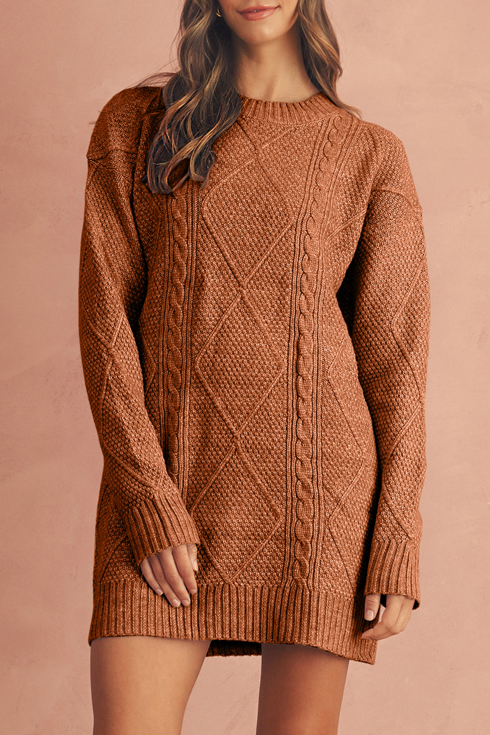 Cable Knit Drop-Shoulder Sweater Dress