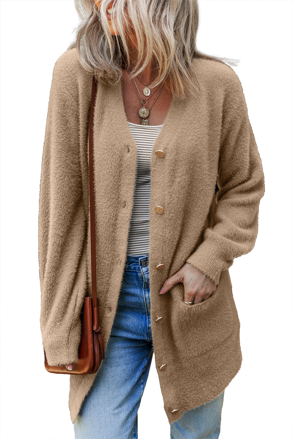 White Fuzzy Button-Front Midi Cardigan