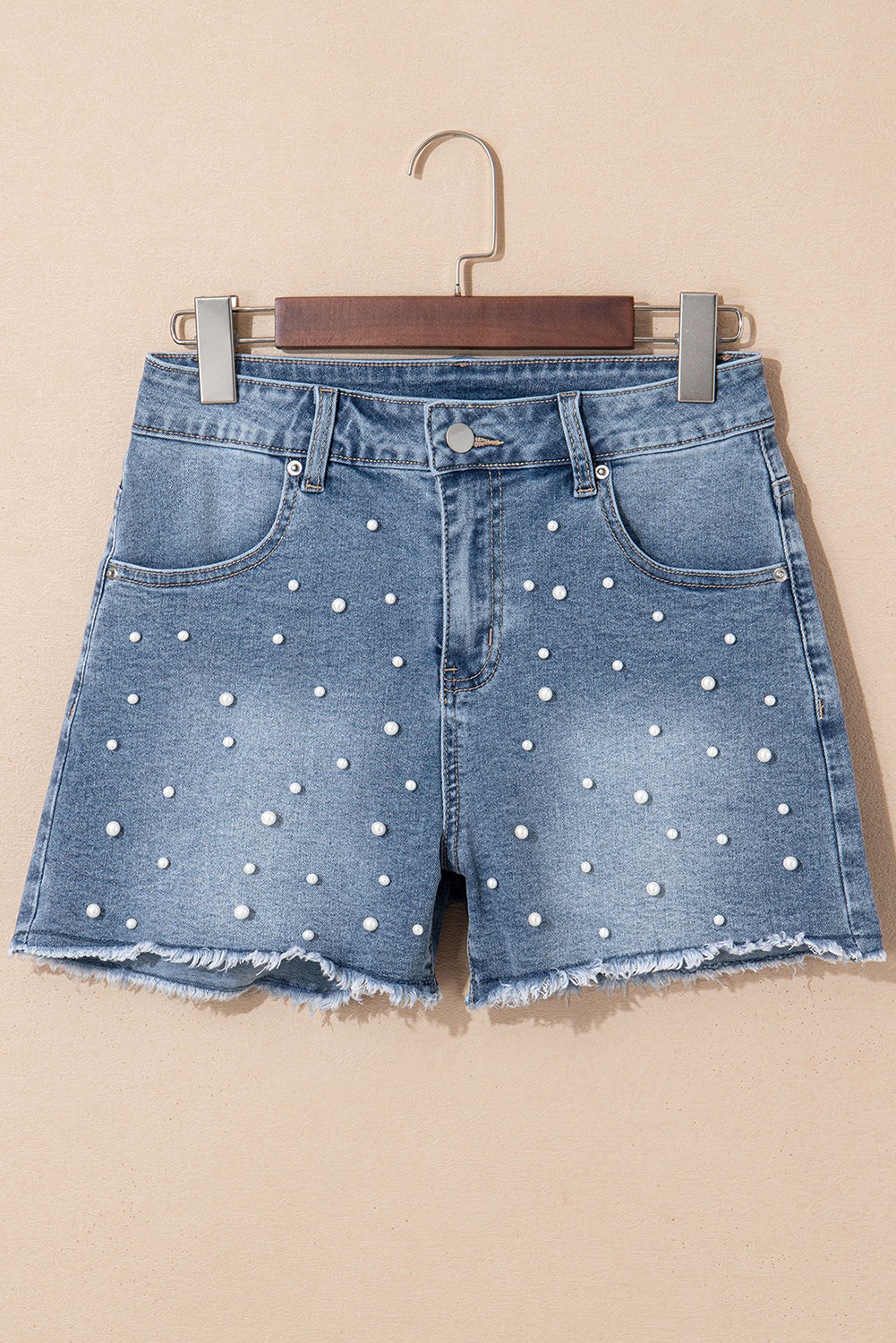 Pearl Embellished Raw Hem Denim Shorts