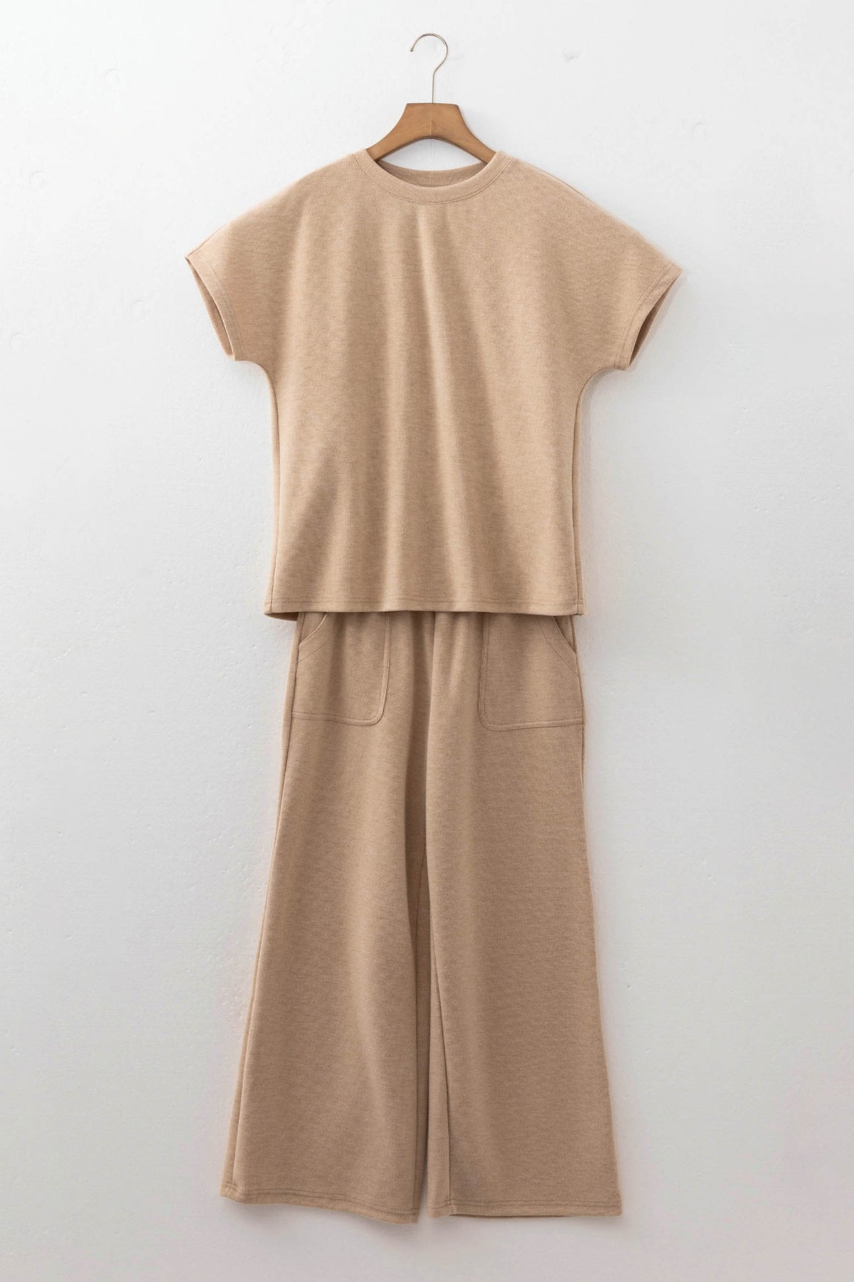 Light French Beige Ribbed Top & Wide-Leg Pants Set