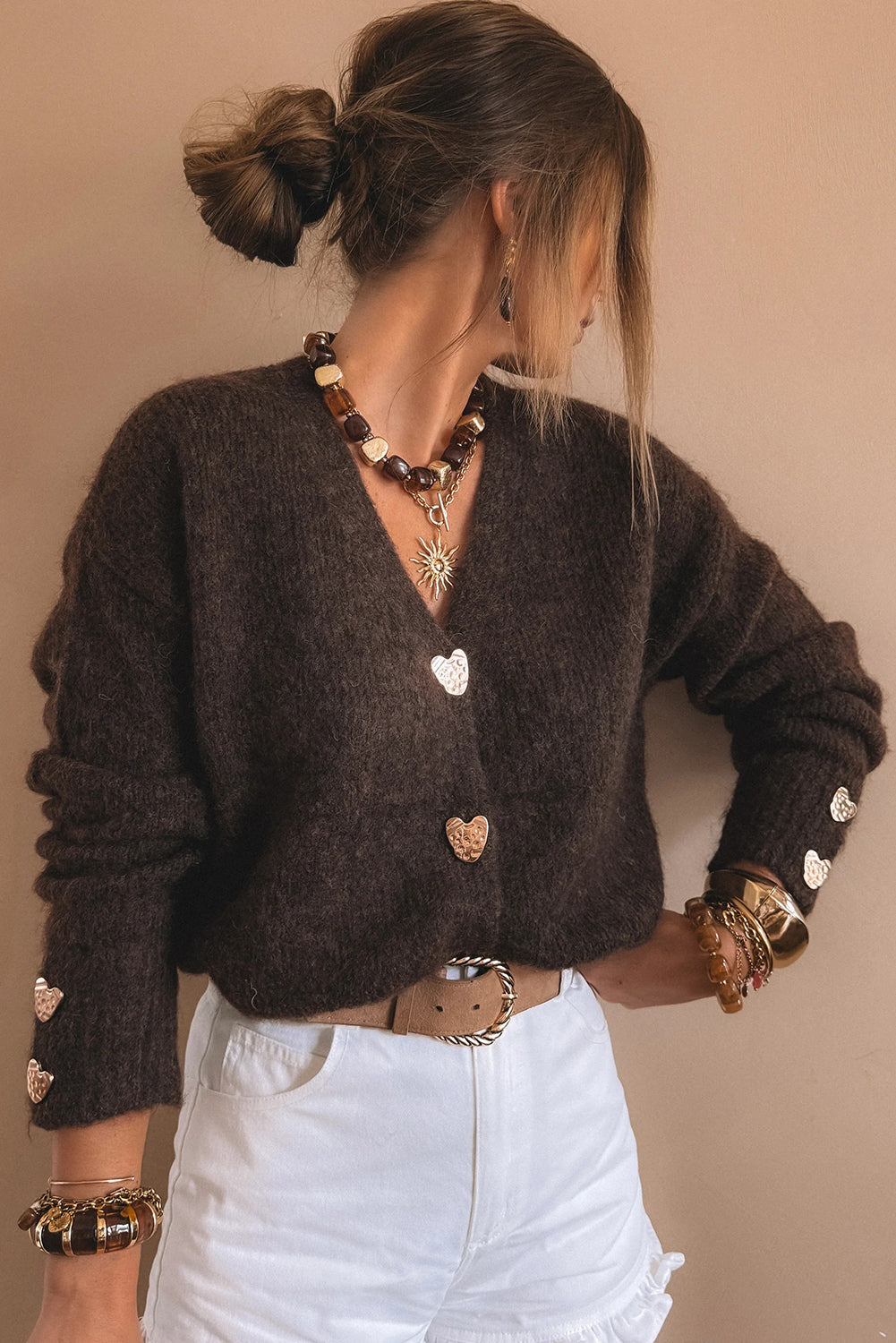 Chicory Coffee Heart Button V-Neck Knit Cardigan