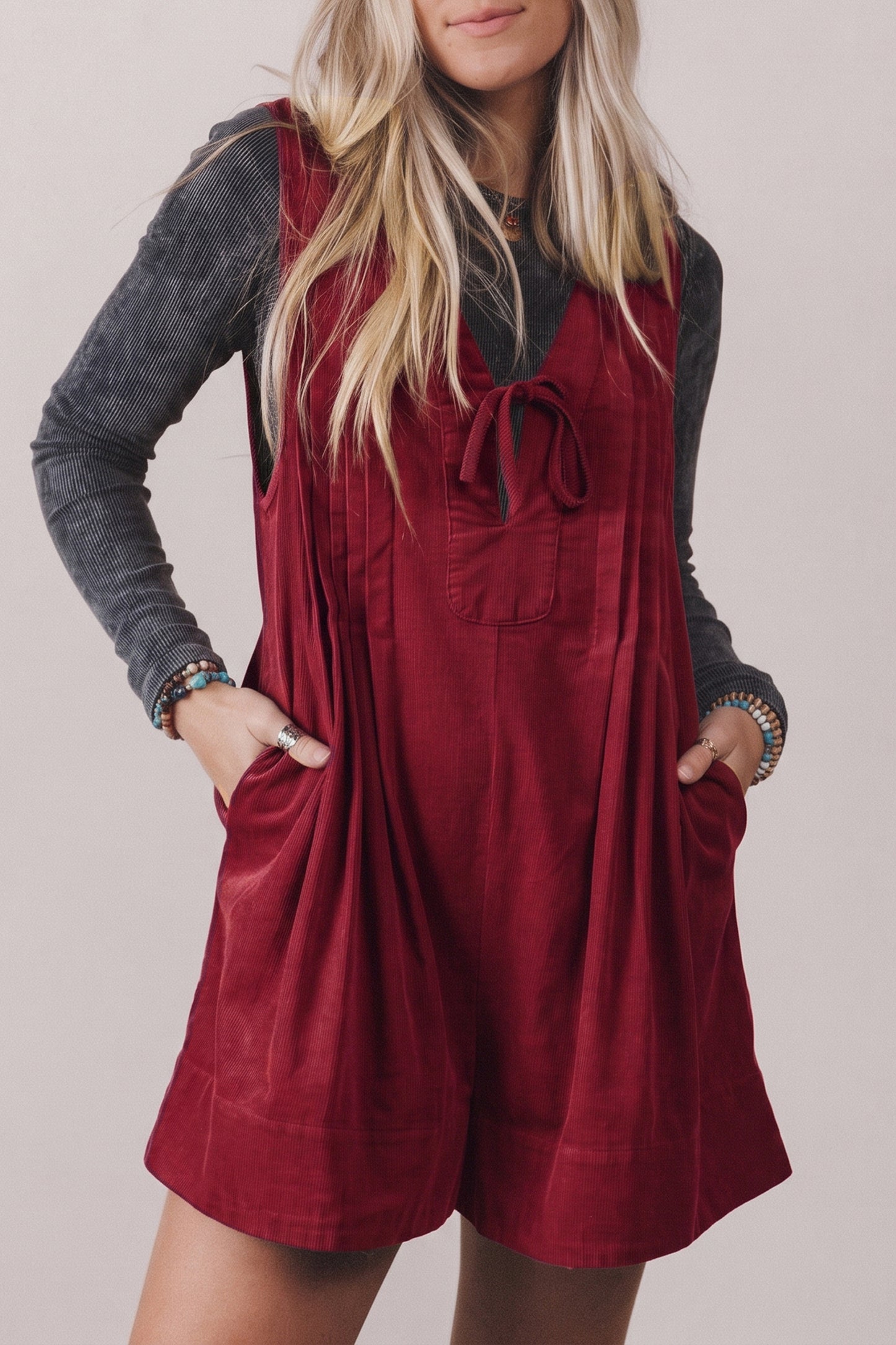 Corduroy Tie Neck Romper