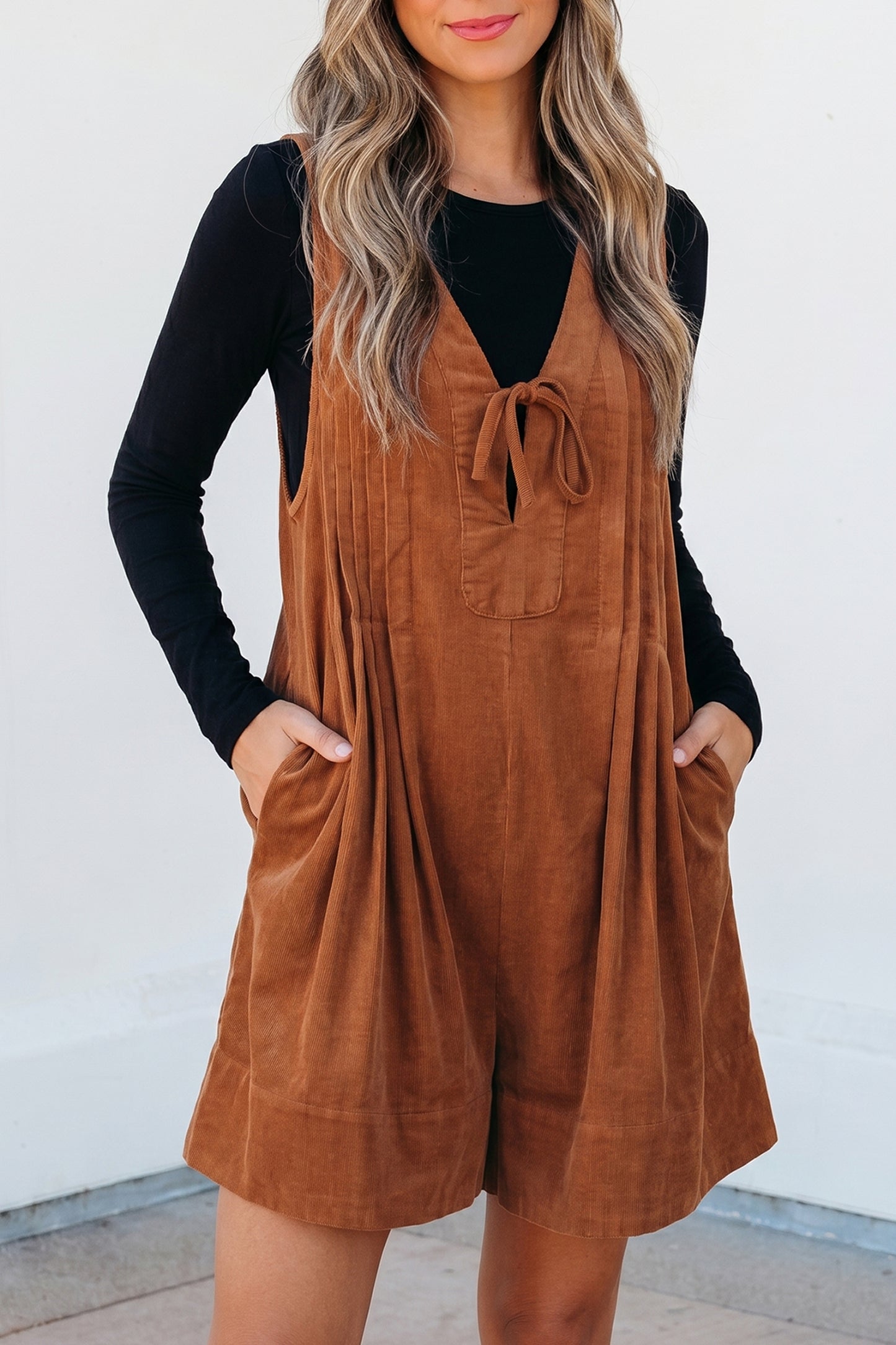 Corduroy Tie Neck Romper