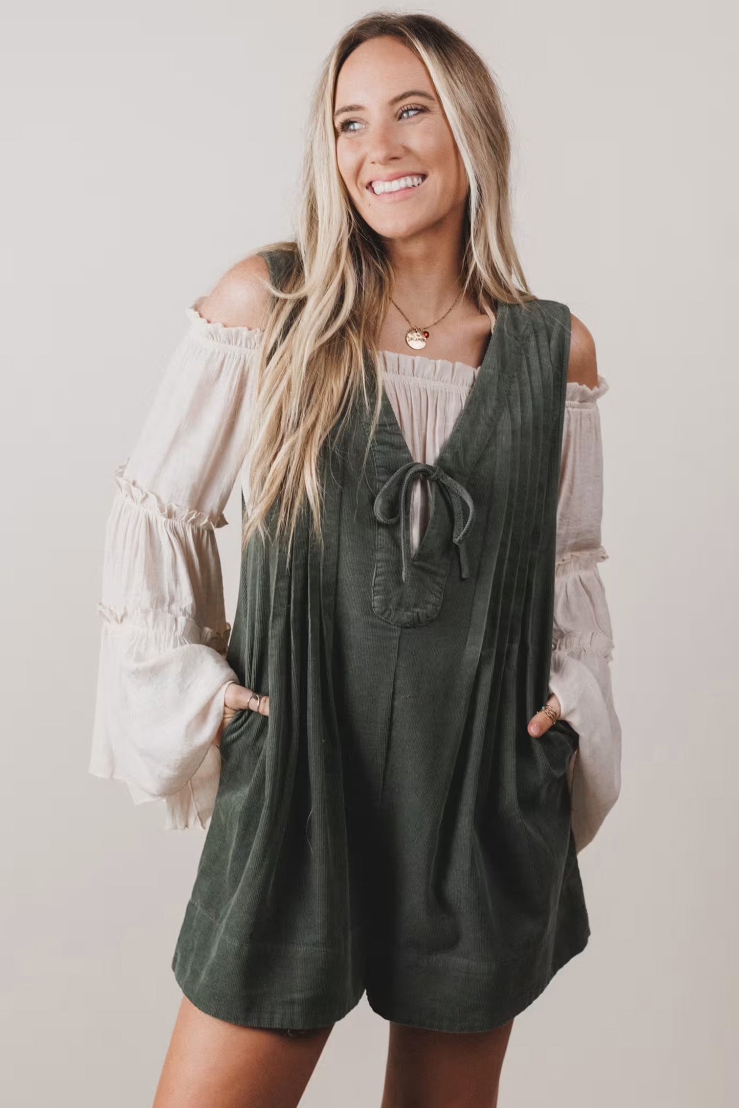 Corduroy Tie Neck Romper