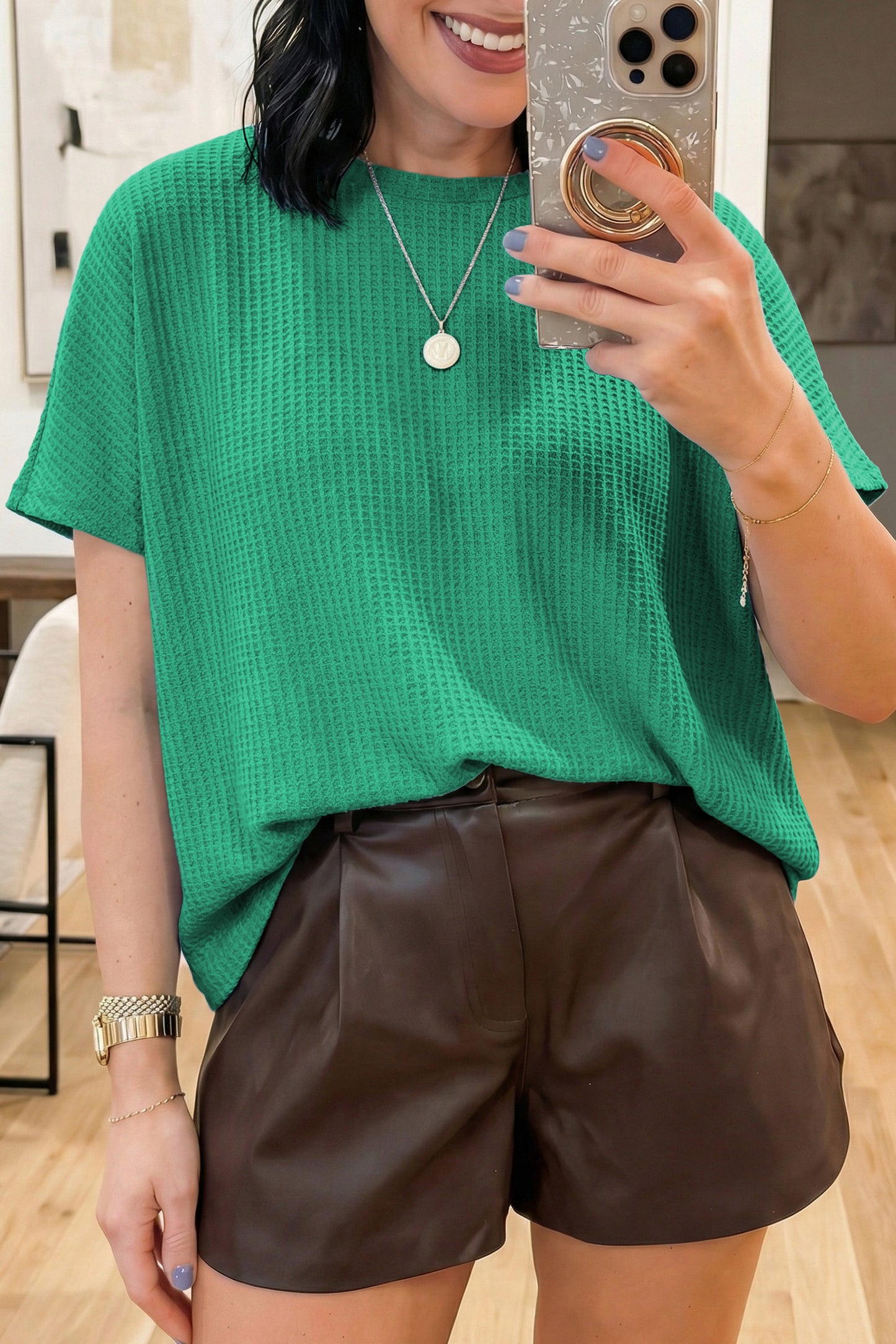 Short Sleeve Waffle Knit Oversized Casual Top