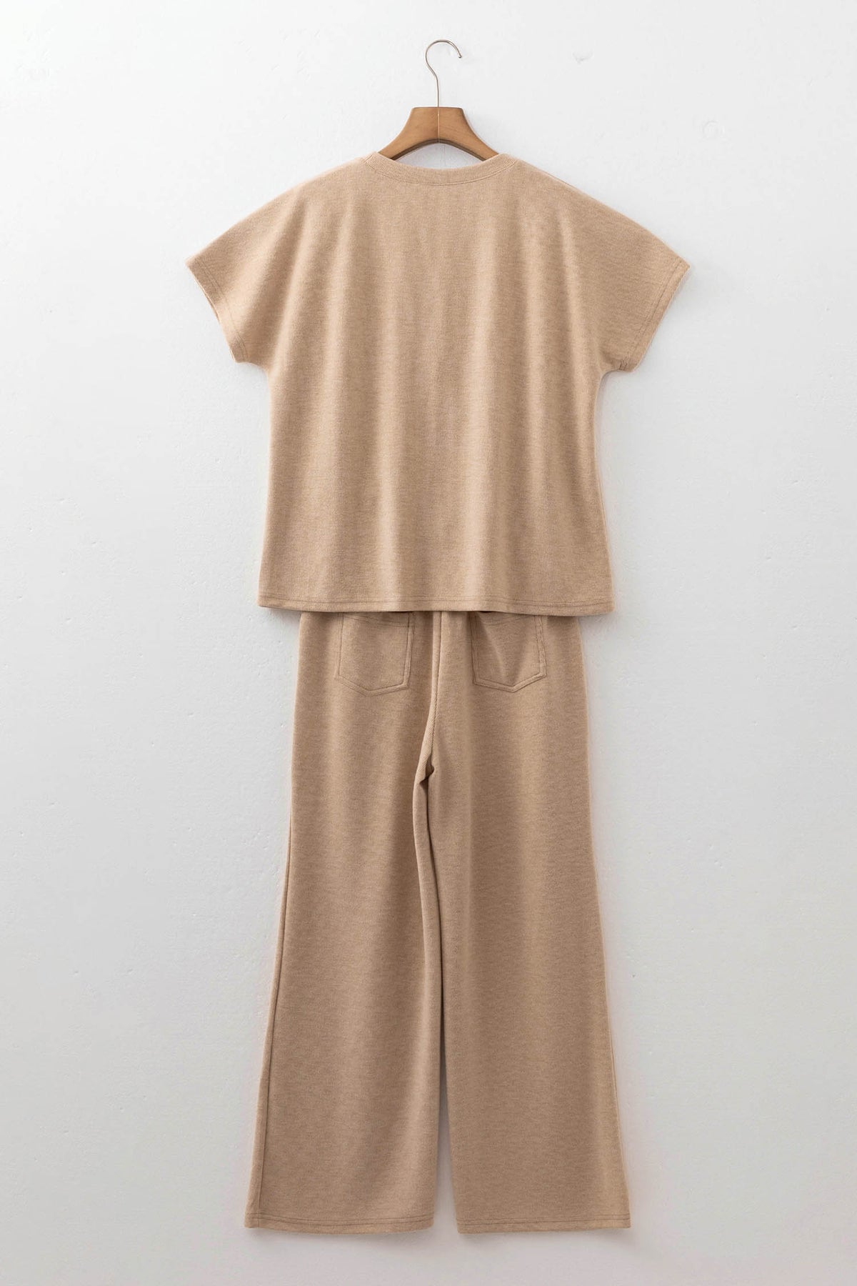 Light French Beige Ribbed Top & Wide-Leg Pants Set