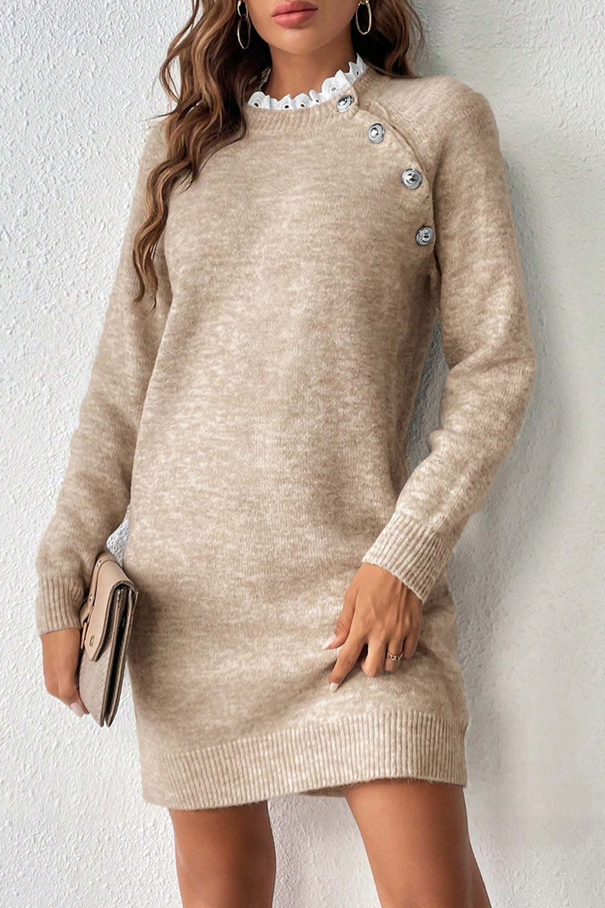 Parchment Lace-Trim Button Sweater Dress