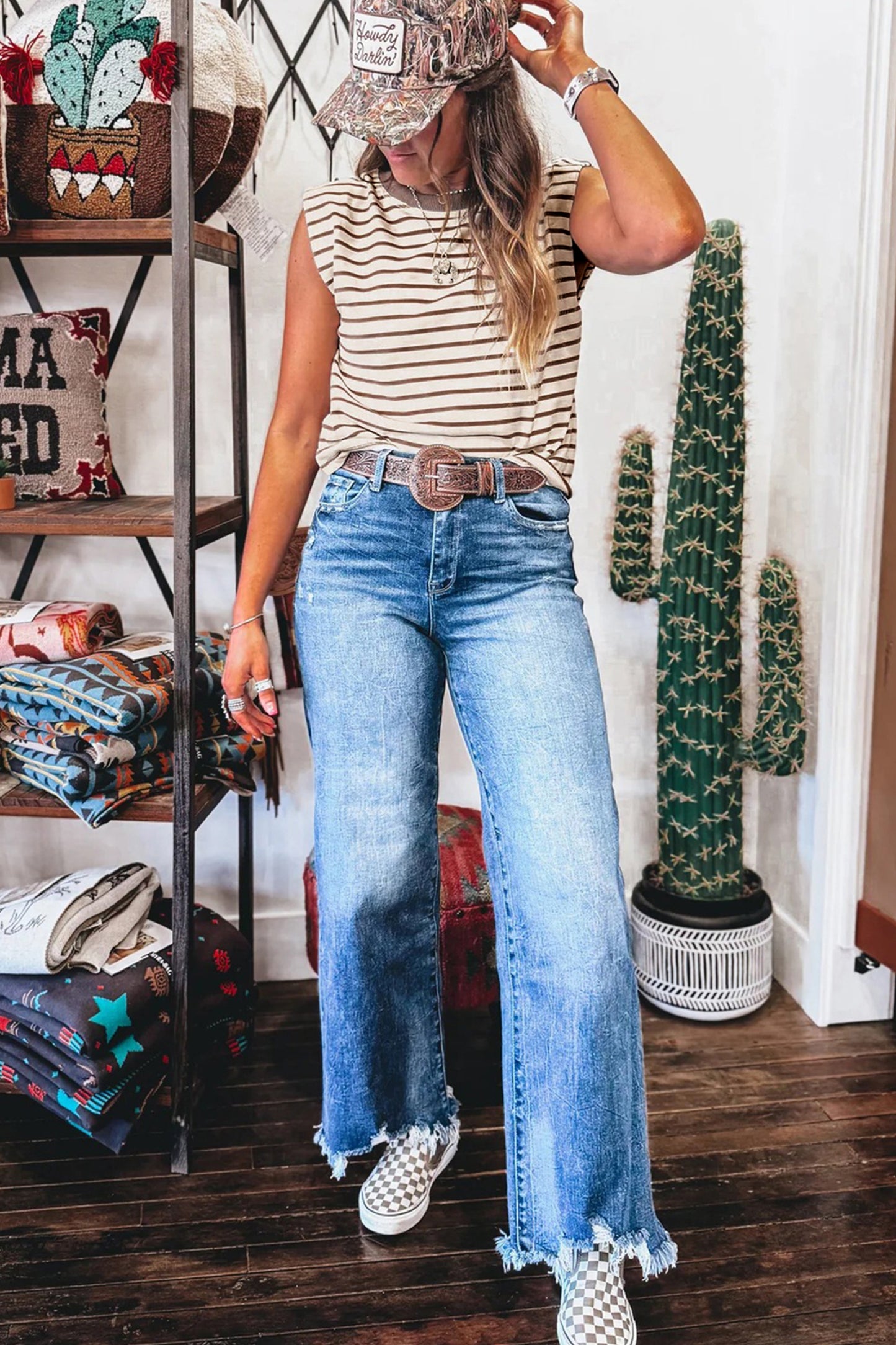 Stripe Ribbed Round Neck Trim Loose Tank Top