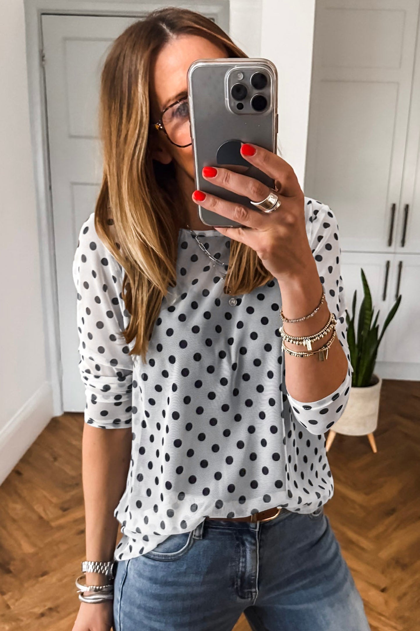 Black Polka Dot Mesh Long Sleeve Top