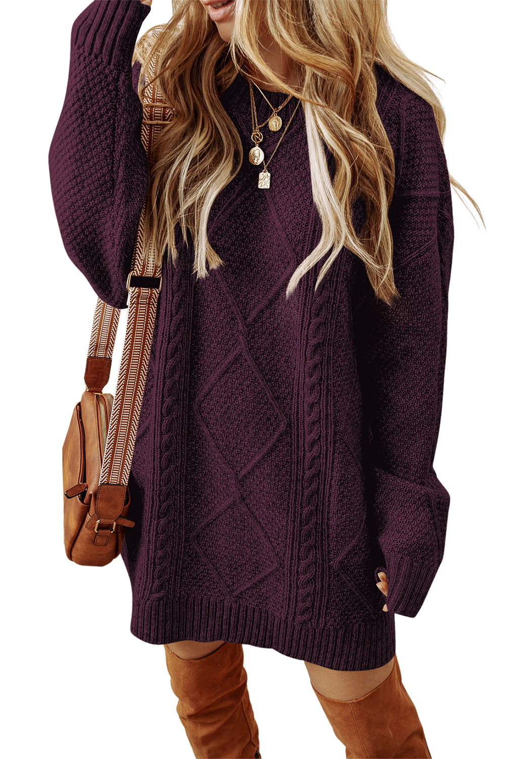 Cable Knit Drop-Shoulder Sweater Dress