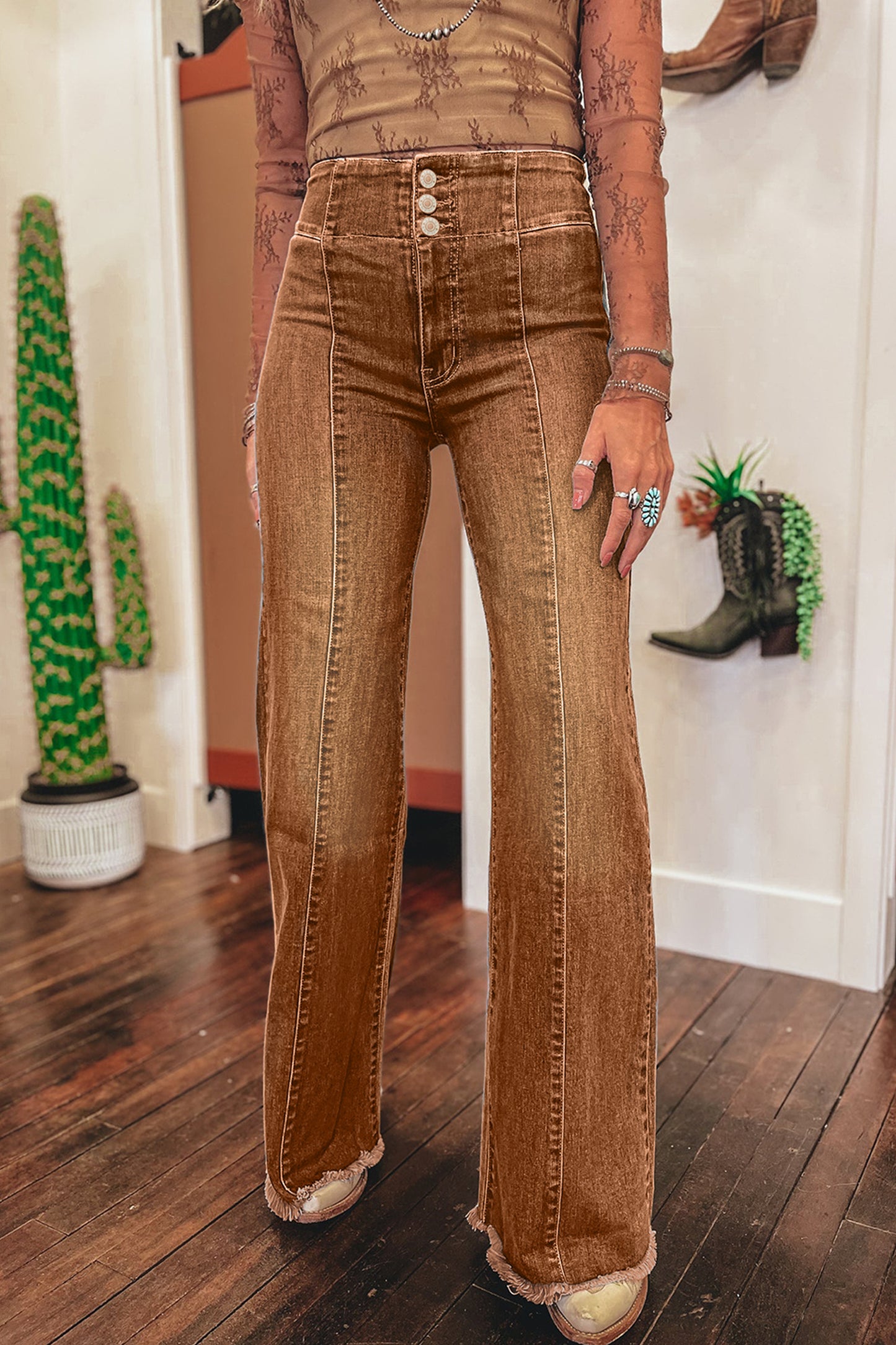 High Waist Button Fly Raw Hem  Jeans