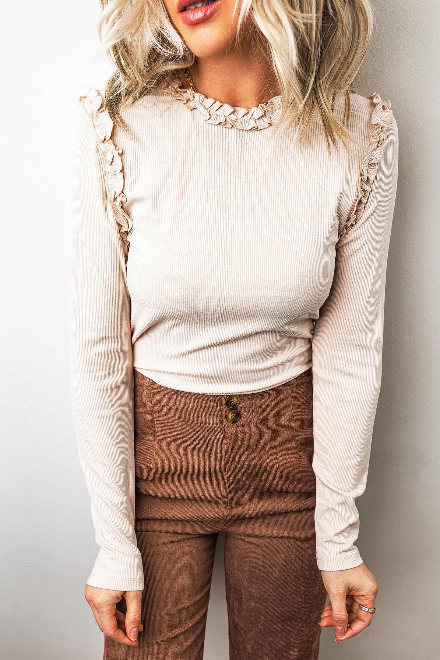 Beige Frill Long Sleeve Top