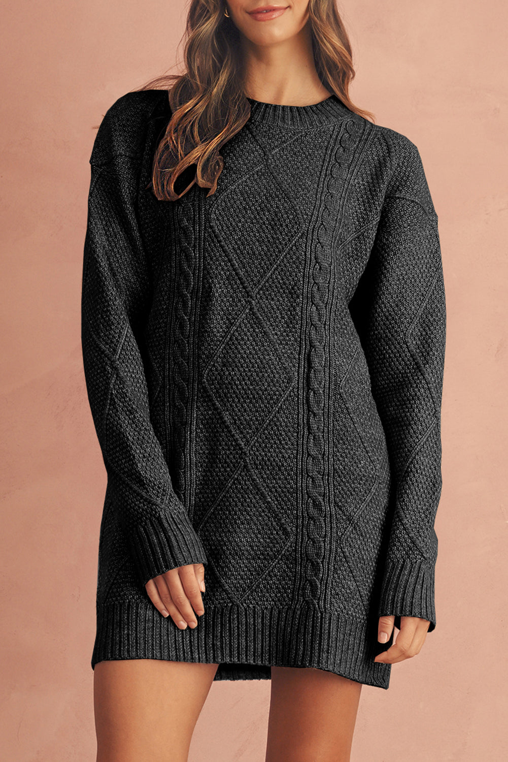 Cable Knit Drop-Shoulder Sweater Dress
