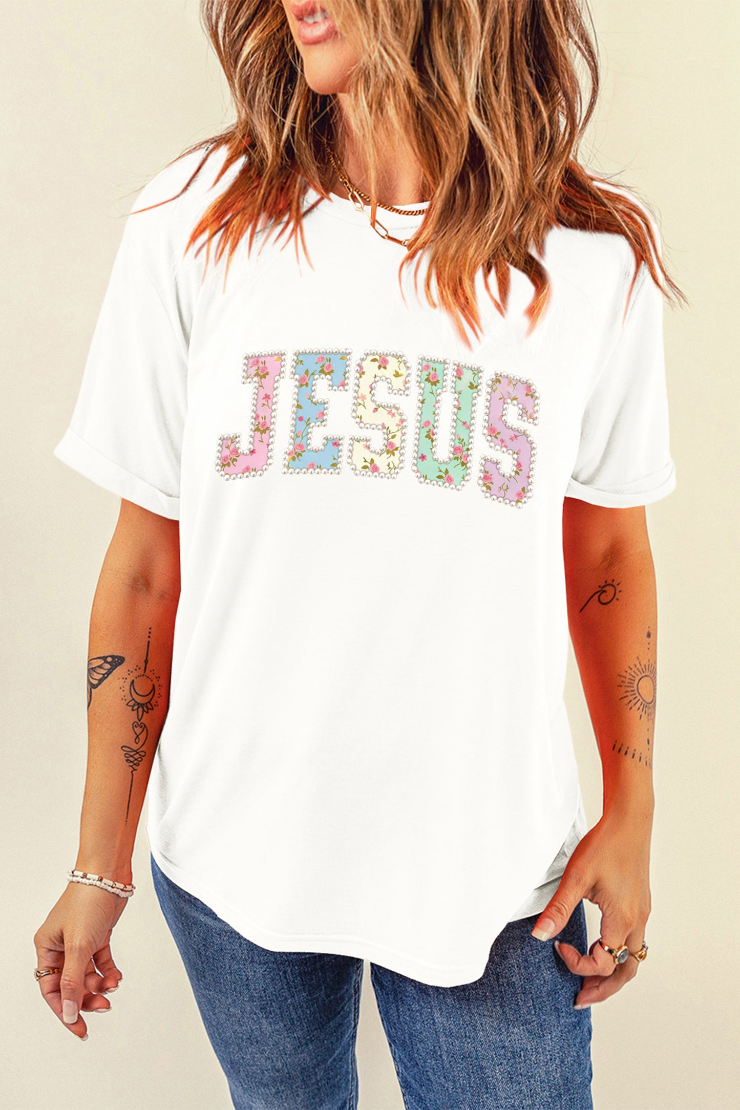 JESUS Floral Printed Letter Graphic Tee