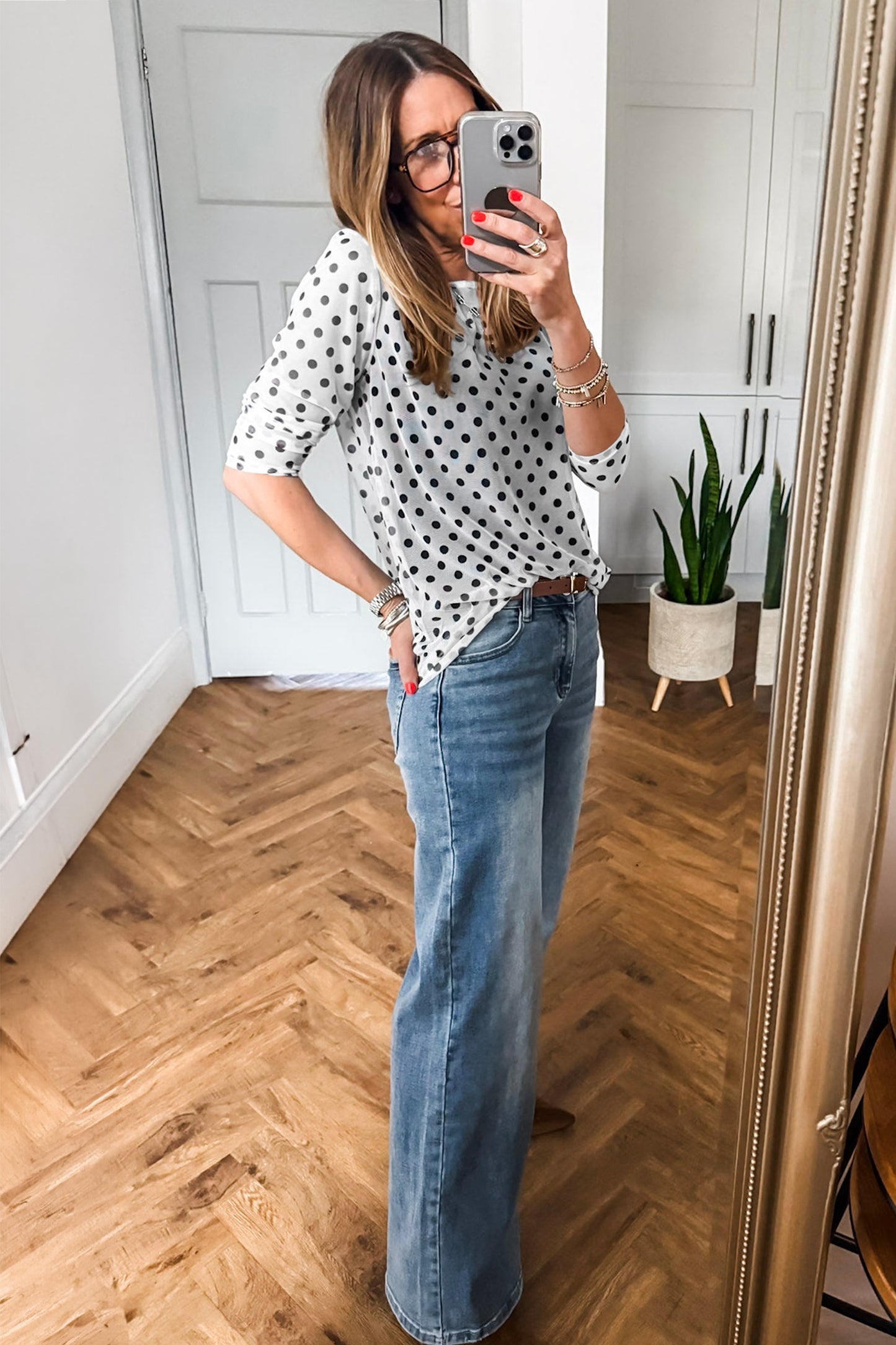 Black Polka Dot Mesh Long Sleeve Top