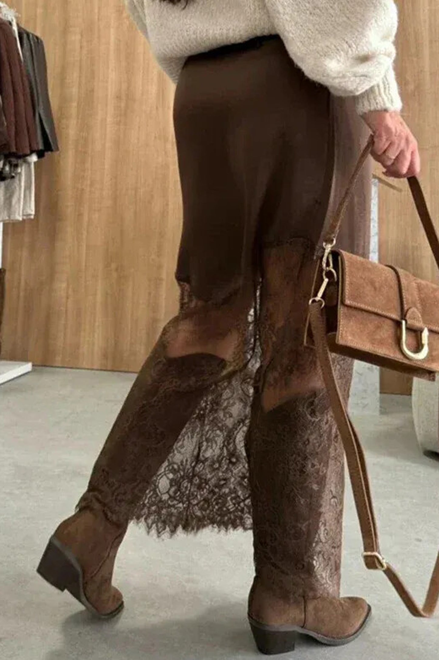 Dark Brown Lace Hem Maxi Skirt