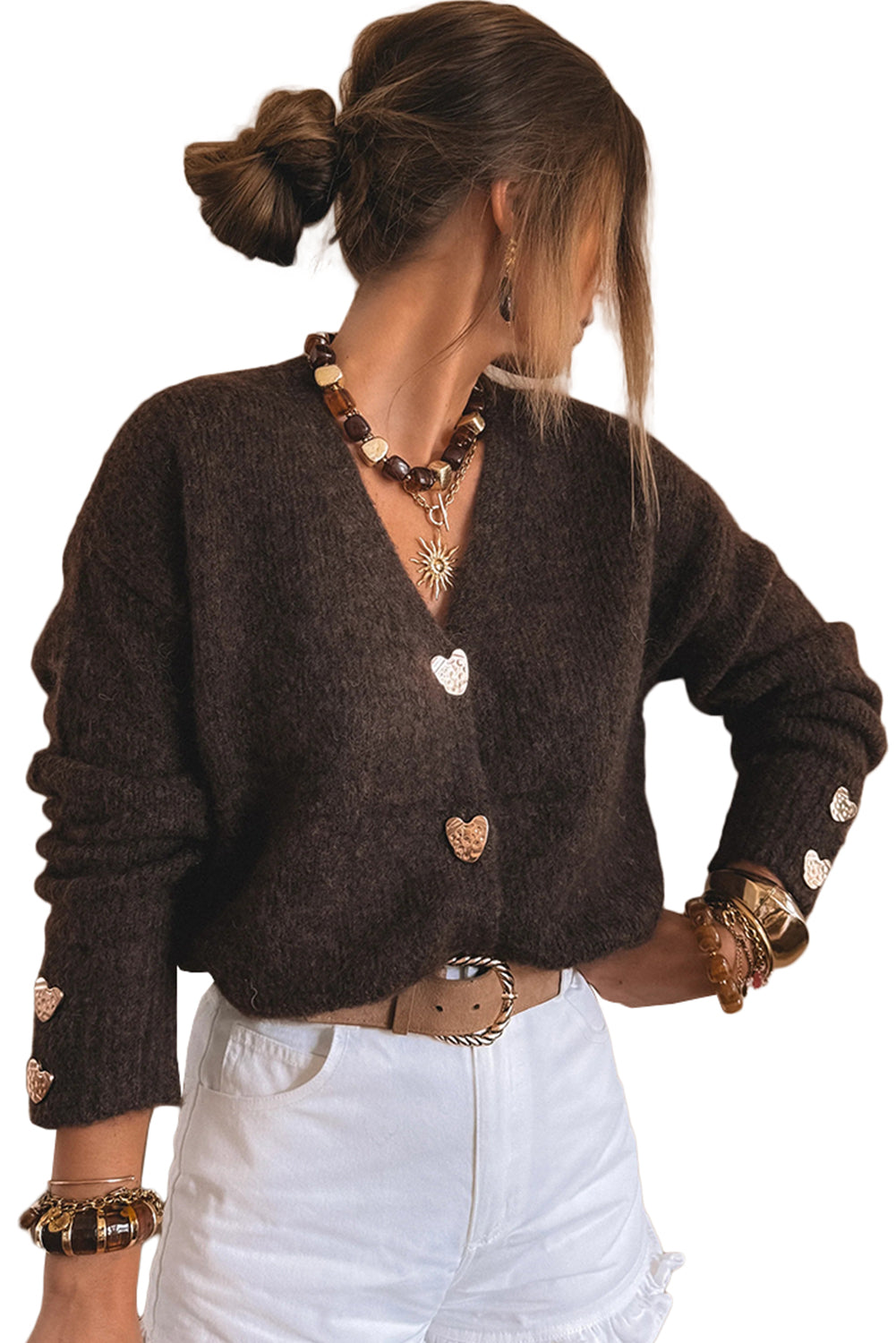 Chicory Coffee Heart Button V-Neck Knit Cardigan