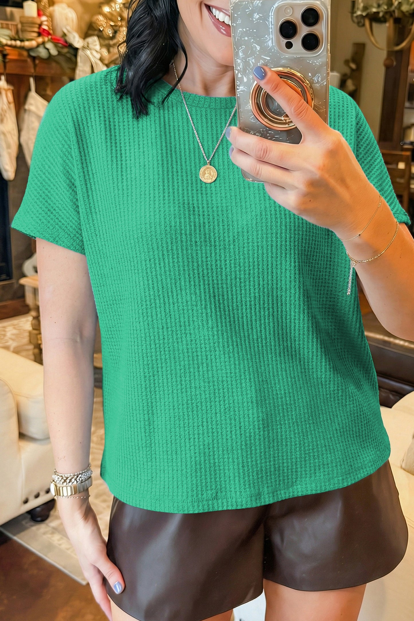 Short Sleeve Waffle Knit Oversized Casual Top
