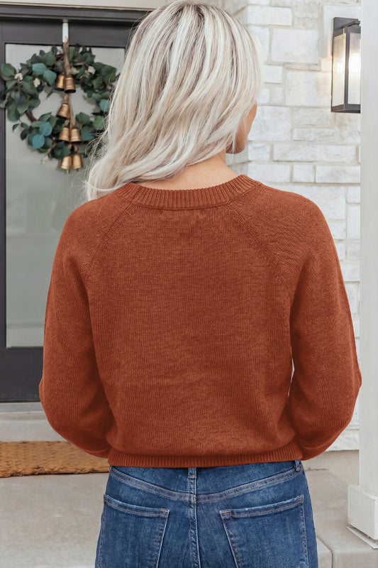 Coffee Ribbed Knit Short-Sleeve Sweater