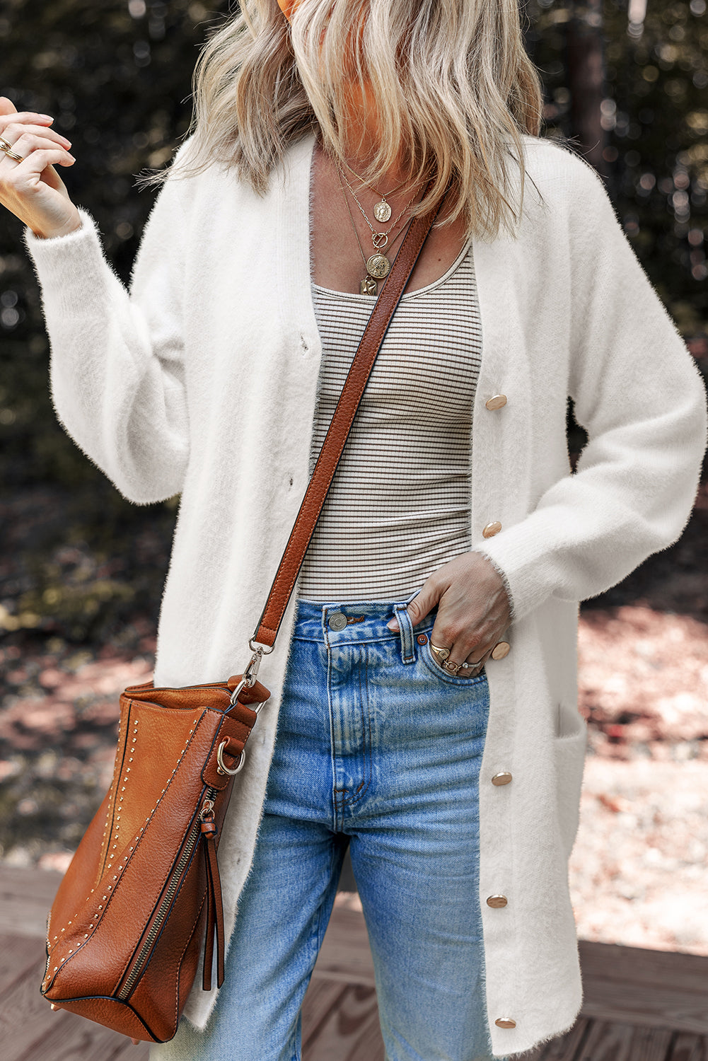 White Fuzzy Button-Front Midi Cardigan