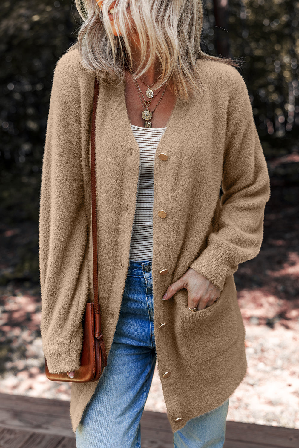 White Fuzzy Button-Front Midi Cardigan