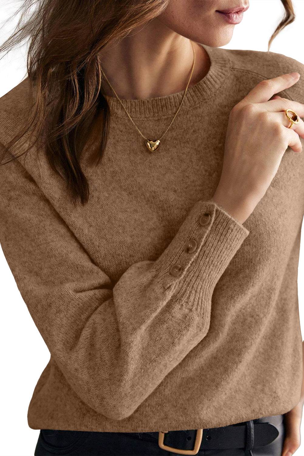 Button-Cuff Raglan Sleeve Knit Sweater