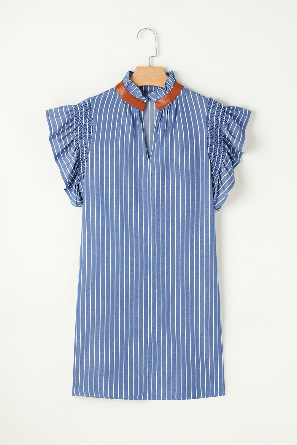 Sky Blue Stripe Ruffle Sleeve Dress