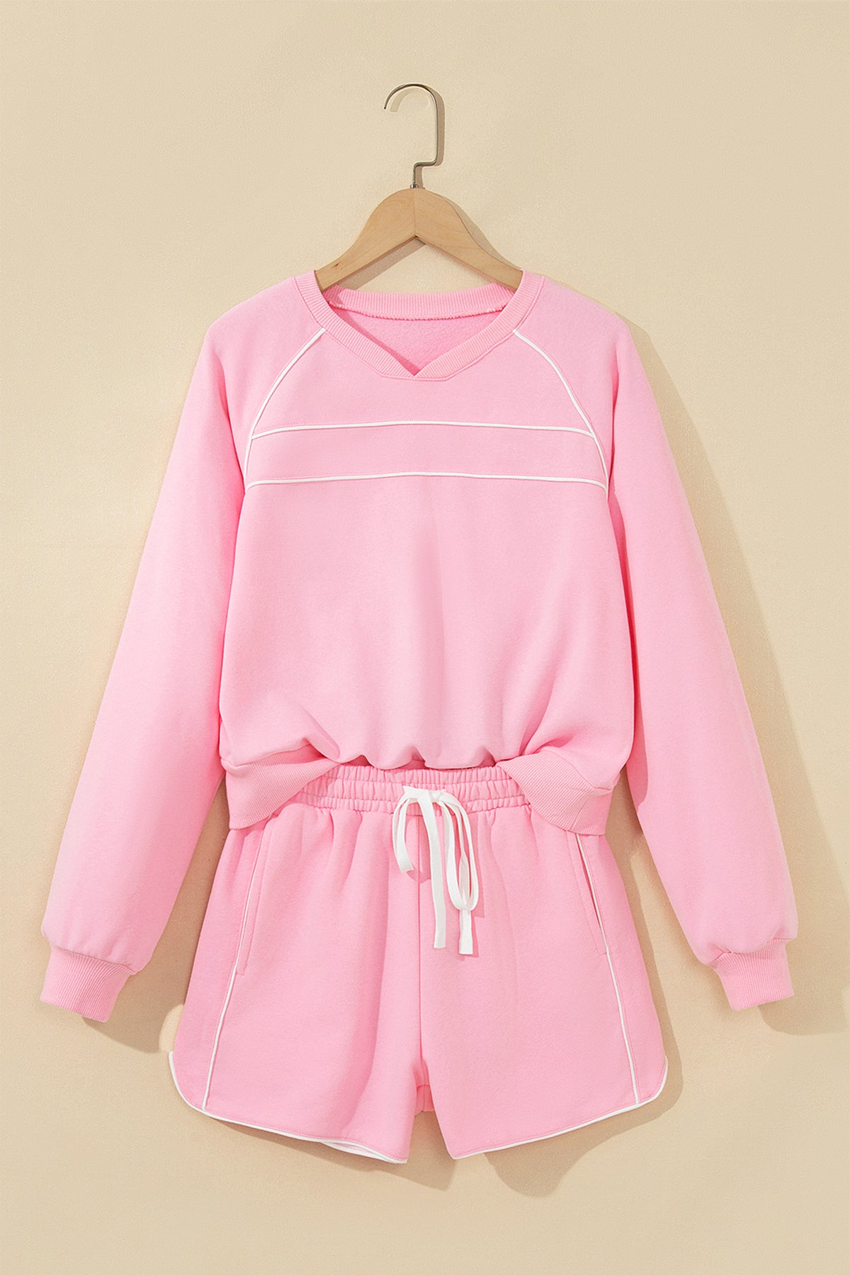 Pink Piping-Trim Pullover & Shorts Set