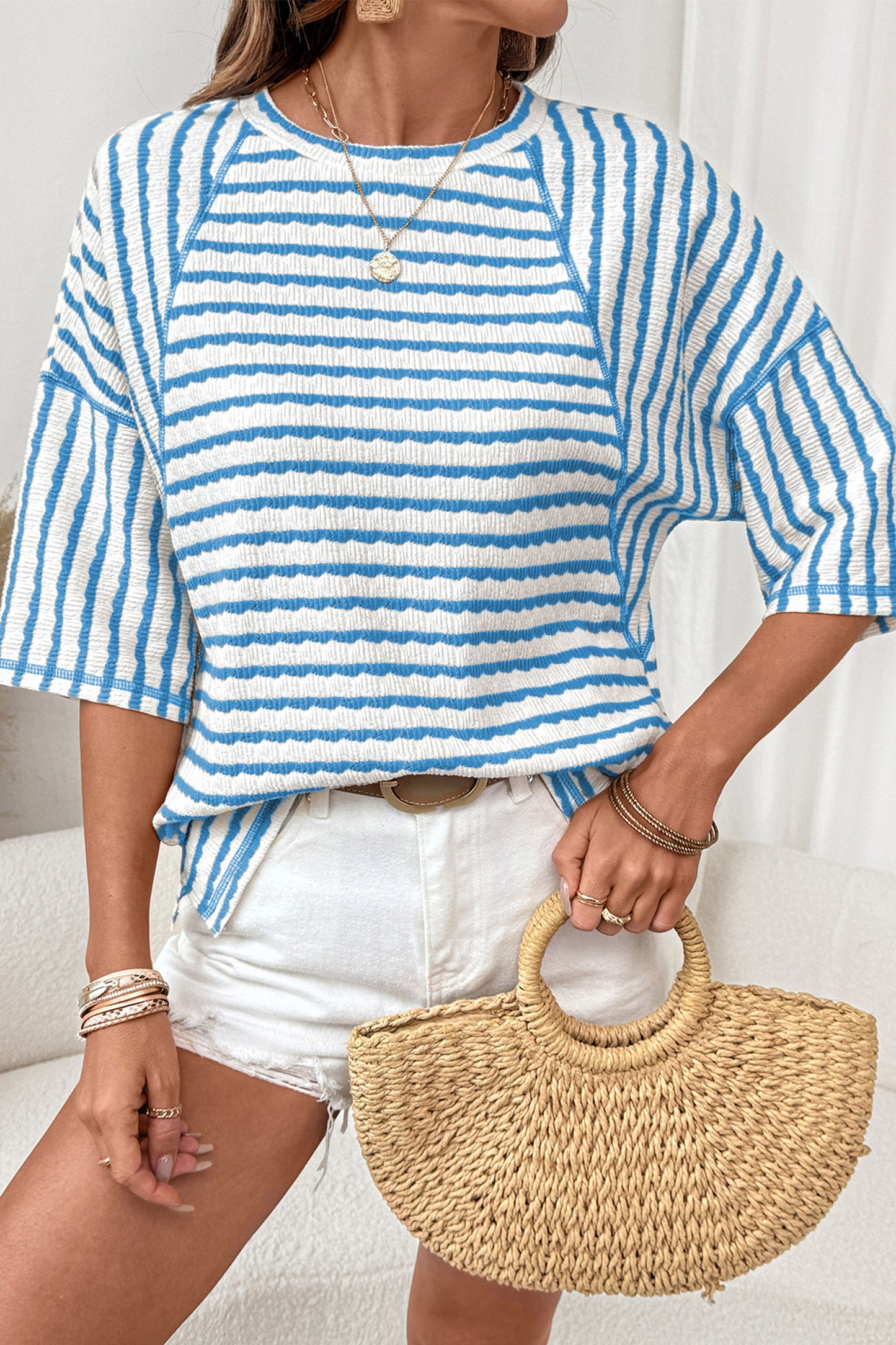 Brown Stripe Textured Knit Split Hem Top