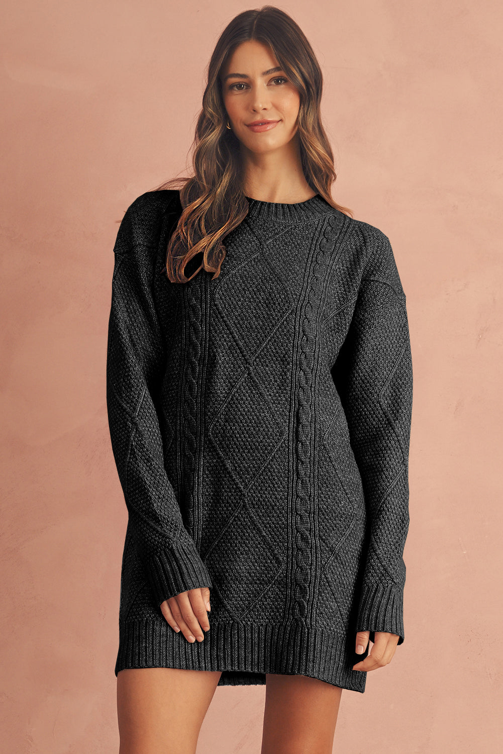 Cable Knit Drop-Shoulder Sweater Dress