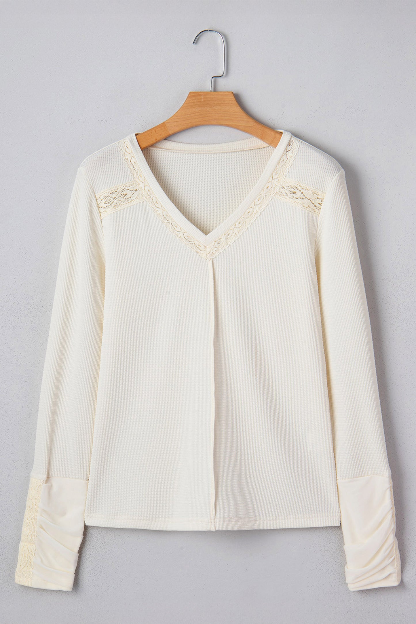 Beige V-Neck Lace Detail Long Sleeve Top