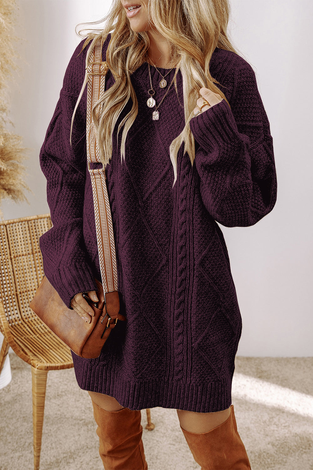 Cable Knit Drop-Shoulder Sweater Dress