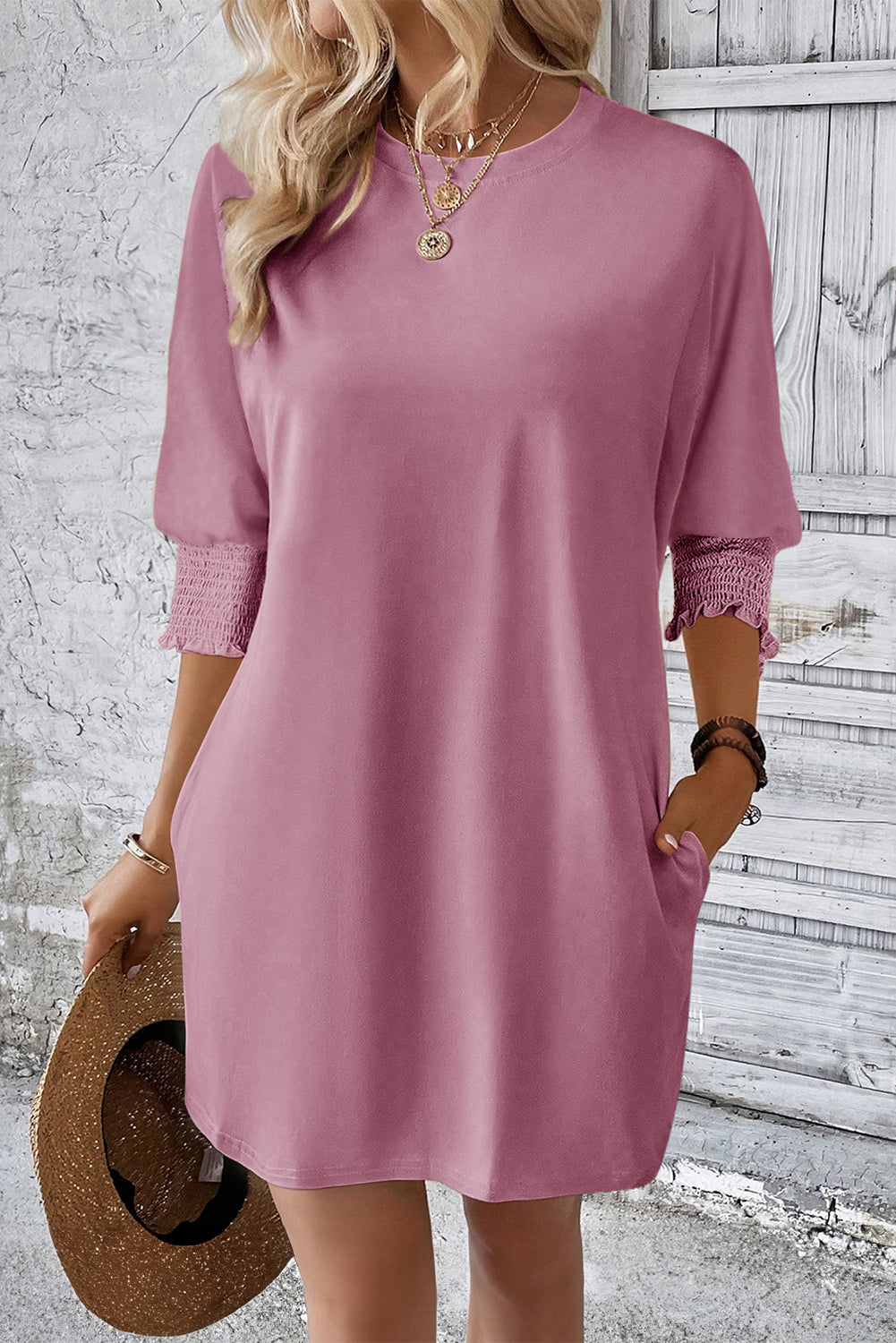 Pink Shirred Cuff T-Shirt Dress