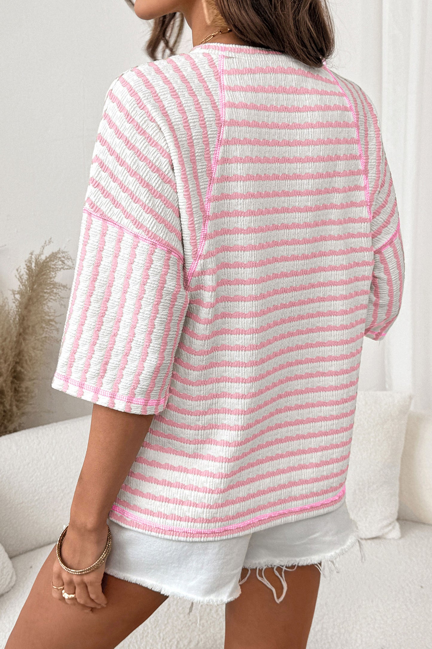 Brown Stripe Textured Knit Split Hem Top